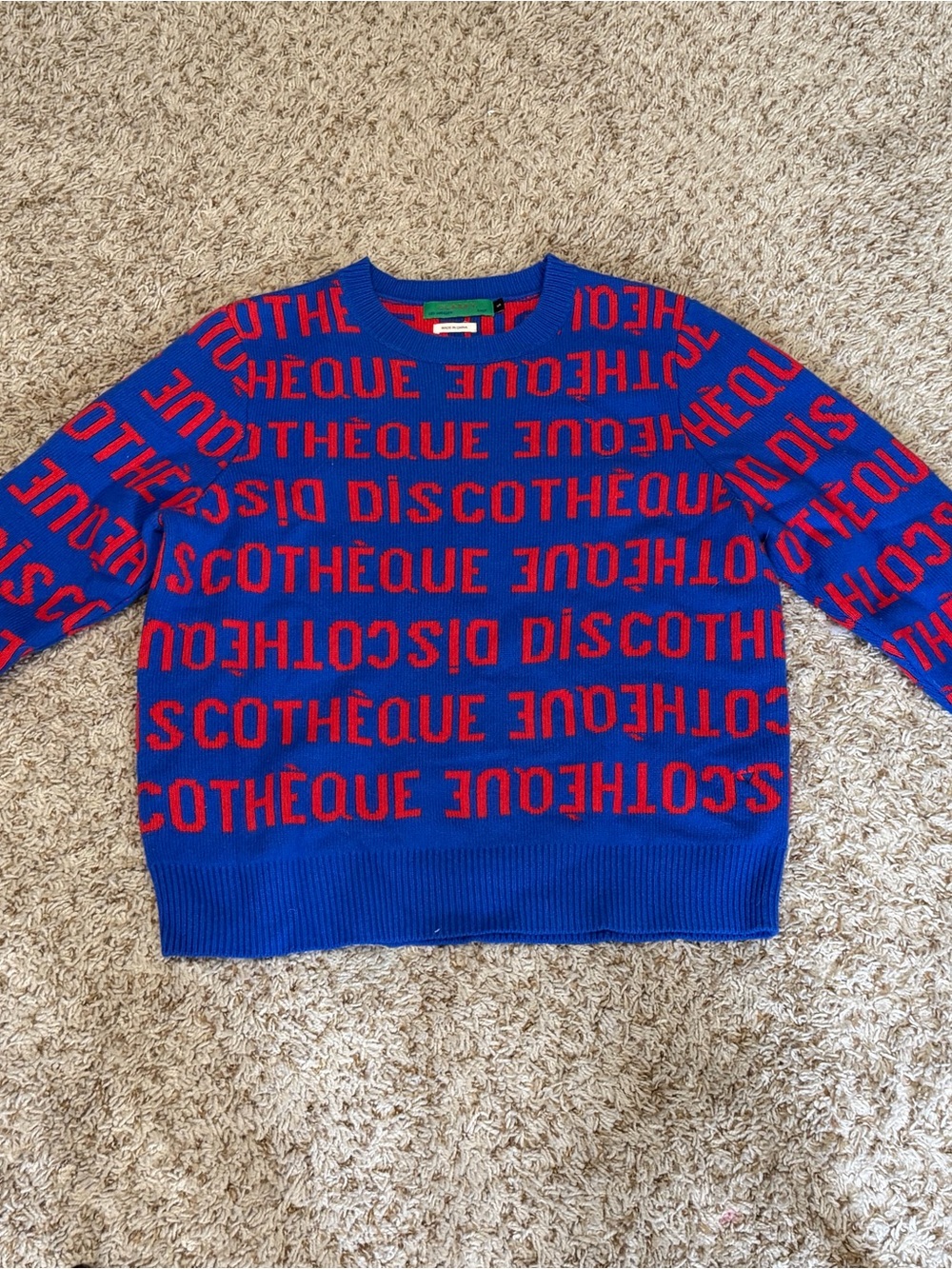 Clare V Blue 100% Wool Crewneck Sweater with Red DISCOTHÈQUE Lettering